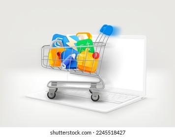 White modern laptop with full shopping cart. 3d vector illustration