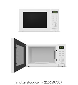 White modern microwave oven with open and closed door set realistic template vector illustration. Kitchen electric appliance for cooking food with display and buttons. Cuisine stove equipment