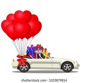 White modern opened cartoon cabriolet car full of gift boxes and bunch of red helium heart shaped balloons with festive bow isolated on white background. Sports car. Vector illustration. Clip art. 
