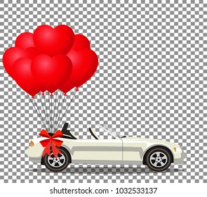 White modern opened cartoon cabriolet car with bunch of red helium heart shaped balloons with festive bow isolated on transparent background. Sports car without roof. Vector illustration. Clip art. 