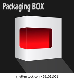 White Modern Package Box With Red Window. For Software, DVD, CD, Electronic Device and other. Vector Illustration.