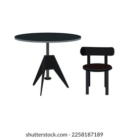 White Modern round table with chairs. Vector illustration.Cosy kitchen interior design with furniture, window with curtains and summer view. Dining table in kitchen with chairs, cups and teapot, dish 
