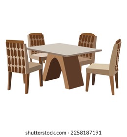 Mesa redonda blanca moderna con sillas. Ilustración vectorial.Acogedor diseño interior de cocina con mobiliario, ventana con cortinas y vistas al verano. Mesa de comedor en cocina con sillas, tazas y tetera, plato 