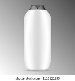White modern shampoo bottle with black cap. High quality vector mockup. Cosmetics package isolated on background.