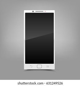 White modern smartphone with shadow on gray background. Smart technology communication mobile phone. Screen off