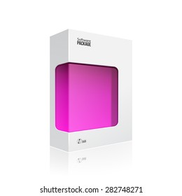 White Modern Software Product Package Box With Pink Violet Purple Magenta Window For DVD Or CD Disk EPS10