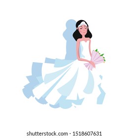 White modern style wedding dress with a long skirt on the young bride with diadem and flowers. Vector illustration in a flat cartoon style.