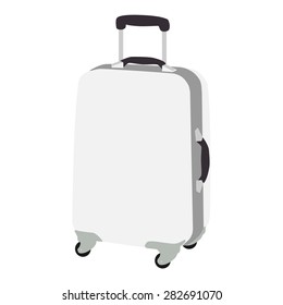 White modern wheeled luggage. Fashion travel suitcase with handle vector illustration.