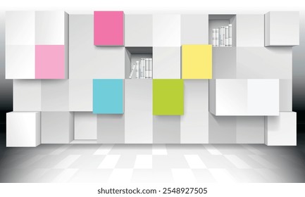 Um design de estante modular branco acentuado com vibrantes blocos rosa, amarelo e verde, combinando função com estética para espaços domésticos ou de escritório modernos e coloridos.