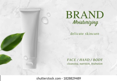 White moisturizer cream tube, drops and defocused leaves on luxury marble background realistic vector illustration, top view. Concept of natural organic bio skincare cosmetic