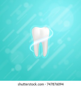 White molar tooth poster template. Graphic design element for dentist advertisement, tooth paste poster, dental clinic flyer. Realistic drawing of human tooth. Vector illustration.