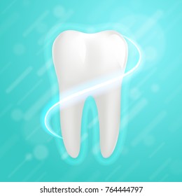 White molar tooth poster template. Graphic design element for dentist advertisement, tooth paste poster, dental clinic flyer. Realistic drawing of human tooth. Vector illustration.
