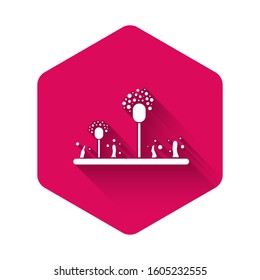 White Mold icon isolated with long shadow. Pink hexagon button. Vector Illustration