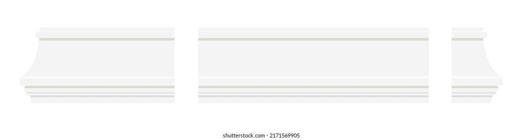 White molding baseboards elements isolated on white background. Architectural plastic or wood elements for interior wall design. Vector flat style illustration. Moldings kit.