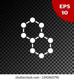 White Molecule icon isolated on transparent dark background. Structure of molecules in chemistry, science teachers innovative educational poster.  Vector Illustration