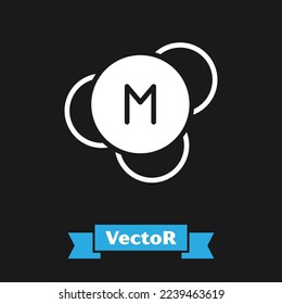 Icono de molécula blanca aislado en fondo negro. Estructura de moléculas en la química, profesores de ciencias afiche educativo innovador.  Vector