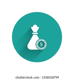 White Money bag and casino chips icon isolated with long shadow. Dollar or USD symbol. Cash Banking currency sign. Green circle button. Vector Illustration