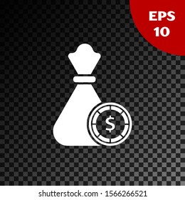White Money bag and casino chips icon isolated on transparent dark background. Dollar or USD symbol. Cash Banking currency sign.  Vector Illustration