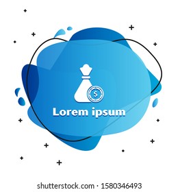 White Money bag and casino chips icon isolated on white background. Dollar or USD symbol. Cash Banking currency sign. Abstract banner with liquid shapes. Vector Illustration