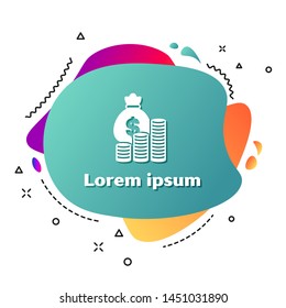 White Money bag and coin icon isolated on white background. Dollar or USD symbol. Cash Banking currency sign.  Abstract banner with liquid shapes. Vector Illustration