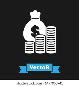 White Money bag and coin icon isolated on black background. Dollar or USD symbol. Cash Banking currency sign.   Vector Illustration