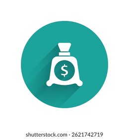 White Money bag icon isolated with long shadow. Dollar or USD symbol. Cash Banking currency sign. Green circle button. Vector