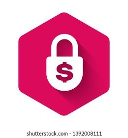 White Money lock icon isolated with long shadow. Padlock and dollar symbol. Finance, security, safety, protection, privacy concept. Pink hexagon button. Vector Illustration