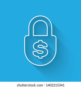 White Money lock line icon isolated with long shadow. Padlock and dollar symbol. Finance, security, safety, protection, privacy concept. Vector Illustration