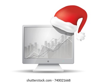 white monitor with business statistics chart showing various visualization graphs on the screen and red santa christmas hat