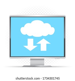 White monitor and cloud service sign on white transparent background. Computer info exchange through clouds technology. PC wireless network communication