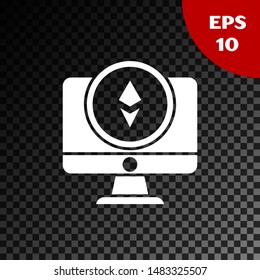 White Monitor and Cryptocurrency coin Ethereum ETH icon isolated on transparent dark background. Altcoin symbol. Blockchain based secure crypto currency.  Vector Illustration