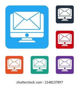 White Monitor and envelope, new message, mail icon isolated on white background. Usage for e-mail newsletters, headers, blog posts. Set icons in color square buttons. Vector Illustration