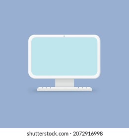White monitor icon. Desktop computer display screen with keyboard. Electronics device 3d illustration vector