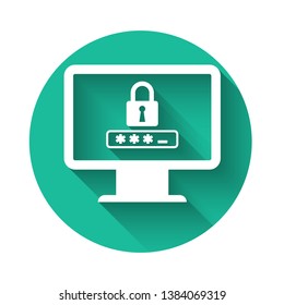 White Monitor with password notification and lock icon isolated with long shadow. Concept of security, personal access, user authorization, login form. Green circle button. Vector Illustration