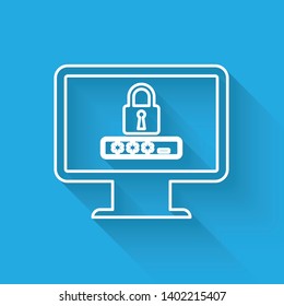 White Monitor with password notification and lock line icon isolated with long shadow. Concept of security, personal access, user authorization, login form. Vector Illustration