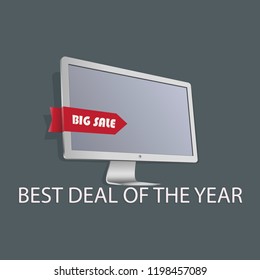 White monitor with red tape. Big sale. Big discounts on computer equipment. Deal offer. Concept of sales notice, e-commerce, delivery service. Modern Design Icons