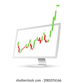 White monitor screen with charts from the stock exchange showing successful stock trade. Graph jumped off the screen. Stock market. Cryptocurrency trading.Vector Illustration.