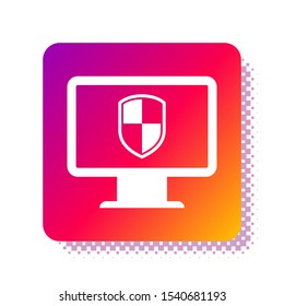White Monitor and shield icon isolated on white background. Computer security, firewall technology, internet privacy safety or antivirus. Square color button. Vector Illustration