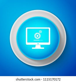 White Monitor update process with gearbox progress and loading bar icon isolated on blue background. Computer display. System software update. Loading process in monitor screen. Vector Illustration