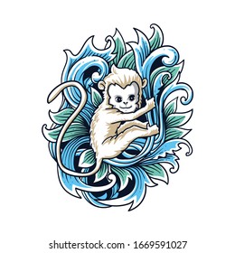 white monkey engraving style illustration