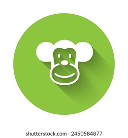 White Monkey icon isolated with long shadow background. Animal symbol. Green circle button. Vector