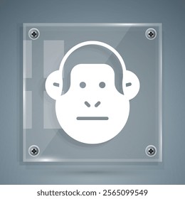 White Monkey icon isolated on grey background. Animal symbol. Square glass panels. Vector