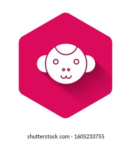 White Monkey zodiac sign icon isolated with long shadow. Astrological horoscope collection. Pink hexagon button. Vector Illustration