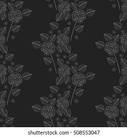 White mono lined blooming hydrangea on a dark gray background. Floral bouquets seamless backdrop. Hydrangea seamless pattern. Vector illustration. All over print.