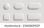 White monochrome 3D button set in different shapes. Blank glossy round, square and rectangle badges. Vector illustration