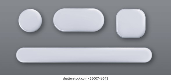 White monochrome 3D button set with realistic shadow isolated. Vector realistic UI UX design elements set