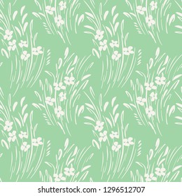 White monochrome abstract ditsy gestural floral vector seamless pattern. Spring blooms, foliage.