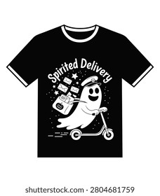 A white monochrome graphic design on a black t shirt featuring a friendly ghost mailman. The spirit rides a kick scooter while delivering mail from a pumpkin bag. This playful illustration includes stars and envelopes with the text Spirited Delivery for festive seasonal apparel.