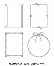 White monochrome rectangular and round rope frames realistic set with simple slip and bow knots vector illustration