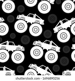 White monster tracks isolated on black background. Car childish seamless pattern. Vector graphic illustration. Texture.